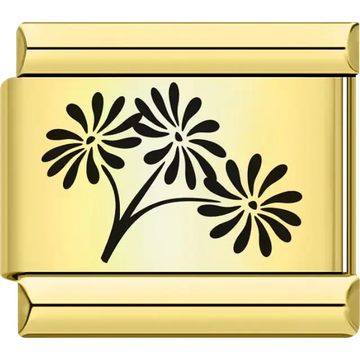 Gold charm with three black daisy flowers Italian charm bracelet link