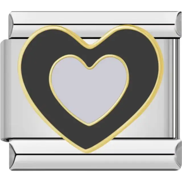 Black heart inside a white heart with gold outline Italian charm bracelet link