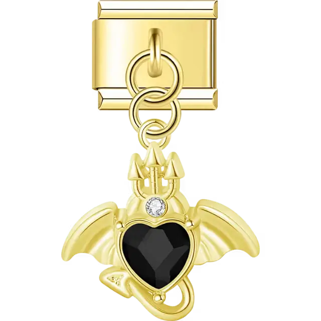 Dragon with wings black crystal heart accent dangle Italian charm bracelet link