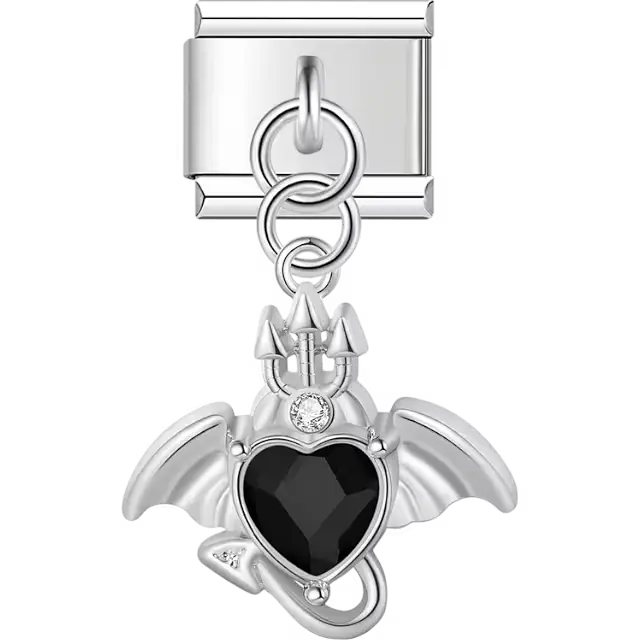 Dragon with wings black crystal heart accent dangle Italian charm bracelet link