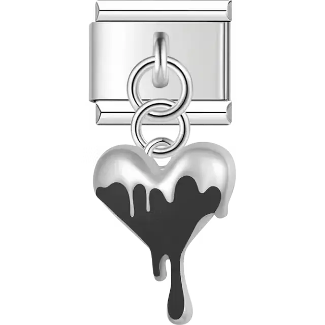 Black heart dripping effect dangle Italian charm bracelet link
