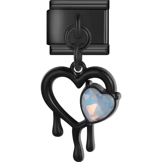 Black dripping heart with opal centerpiece Italian charm bracelet link