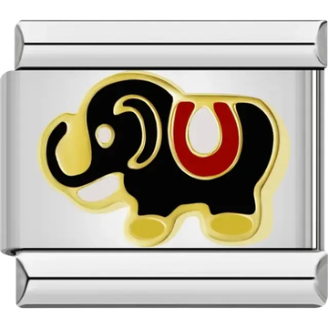 Black elephant with golden details and red saddle Italian charm bracelet link