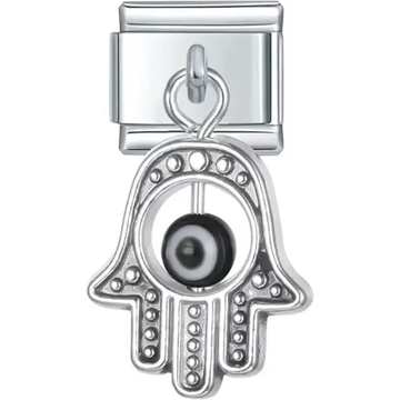 Dangling hamsa hand design with textured details and a black evil eye bead Italian charm bracelet link
