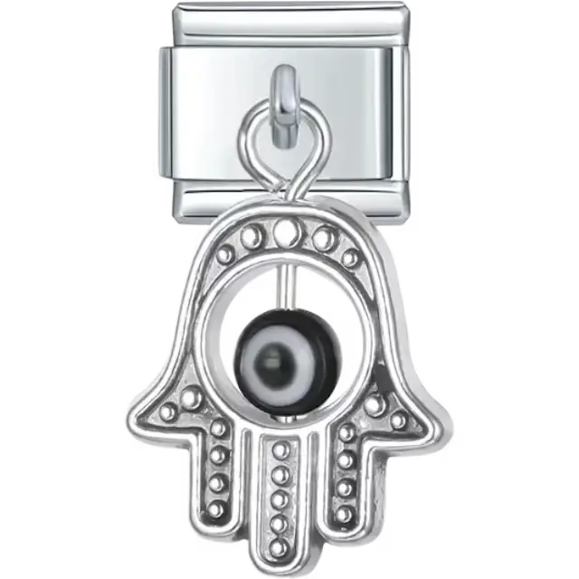 Dangling hamsa hand design with textured details and a black evil eye bead Italian charm bracelet link
