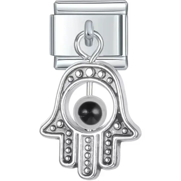Dangling hamsa hand design with detailed patterns and a black evil eye Italian charm bracelet link