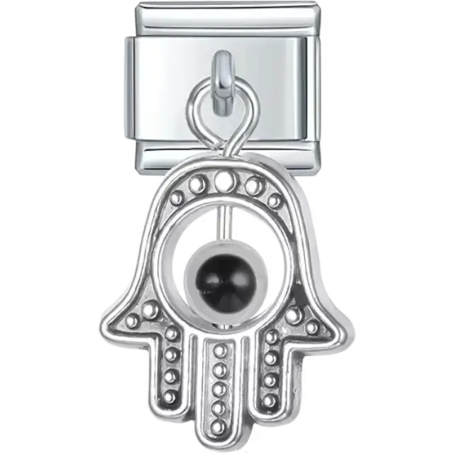 Dangling hamsa hand design with detailed patterns and a black evil eye Italian charm bracelet link