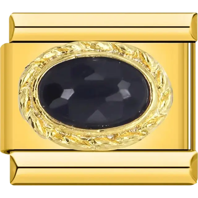 Black faceted oval stone surrounded by gold border Italian charm bracelet link