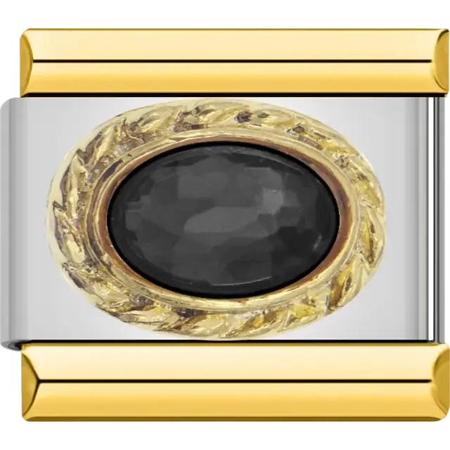 Black faceted oval stone surrounded by gold border Italian charm bracelet link