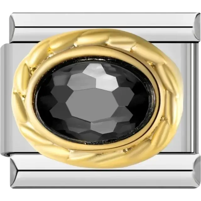 Black faceted oval stone surrounded by gold border Italian charm bracelet link