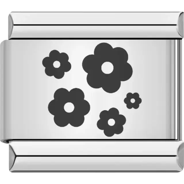 Black floral pattern with five flowers of various sizes Italian charm bracelet link