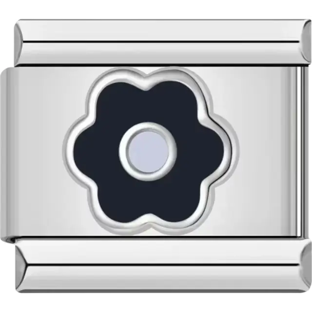 Black flower with silver outline and white center Italian charm bracelet link