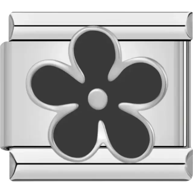 Black flower design with silver outline Italian charm bracelet link