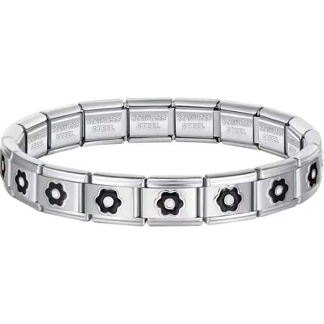 Black flower charms composing stainless steel Italian bracelet