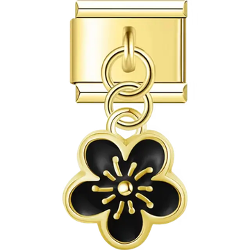 Gold outline flower with black enamel dangle Italian charm bracelet link