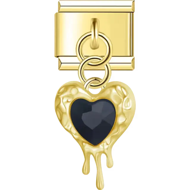 Heart with black faceted gem and dripping design dangle Italian charm bracelet link