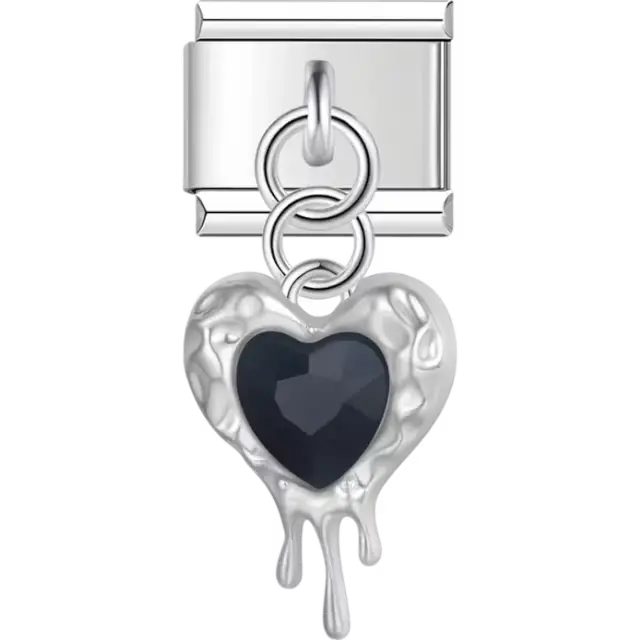 Heart with black faceted gem and dripping design dangle Italian charm bracelet link