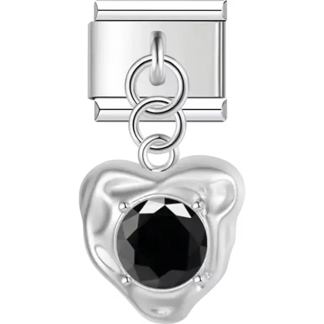 Heart-shaped charm with black faceted gem centerpiece dangle Italian charm bracelet link