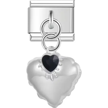 Puffy heart with black faceted gem centerpiece dangle Italian charm bracelet link