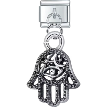 Hamsa hand drop with openwork eye and crescent moon Italian charm bracelet link
