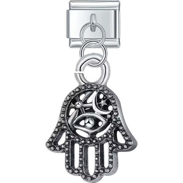 Hamsa hand drop with openwork eye and crescent moon Italian charm bracelet link