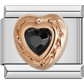 Black heart crystal with rose-tone border Italian charm bracelet link