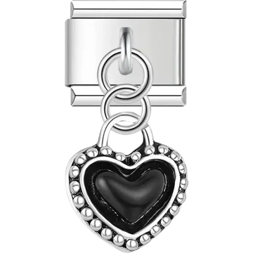 Dangling black heart with silver border Italian charm bracelet link