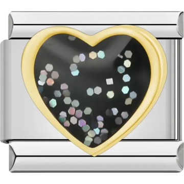 Glittery black heart Italian charm bracelet link