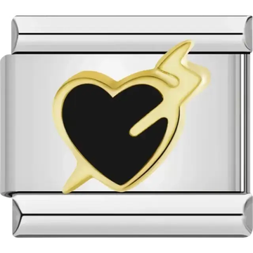 Gold black heart with lightning bolt detail Italian charm bracelet link