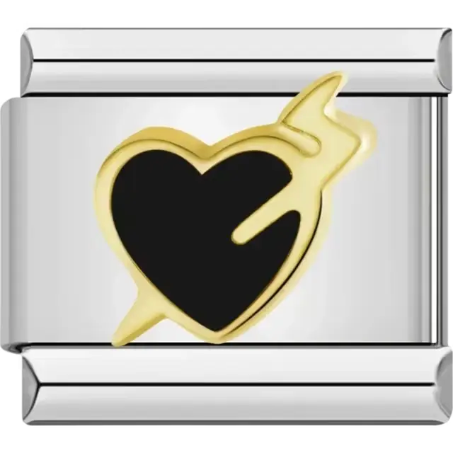 Gold black heart with lightning bolt detail Italian charm bracelet link