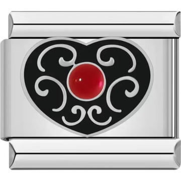 Black heart with white detailing and red gemstone center Italian charm bracelet link