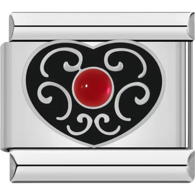 Black heart with white detailing and red gemstone center Italian charm bracelet link