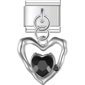 Open heart with black gemstone centerpiece dangle Italian charm bracelet link