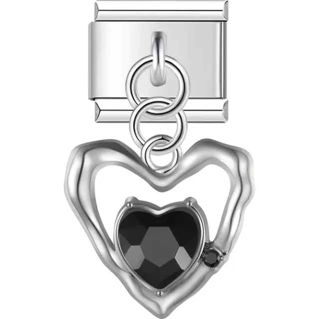 Open heart with black gemstone centerpiece dangle Italian charm bracelet link