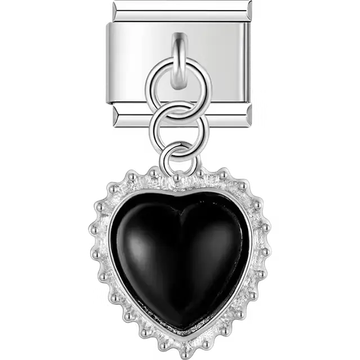 Black heart with silver crown-shaped border and dangling piece Italian charm bracelet link