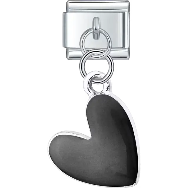 Black heart design in a dangle style Italian charm bracelet link