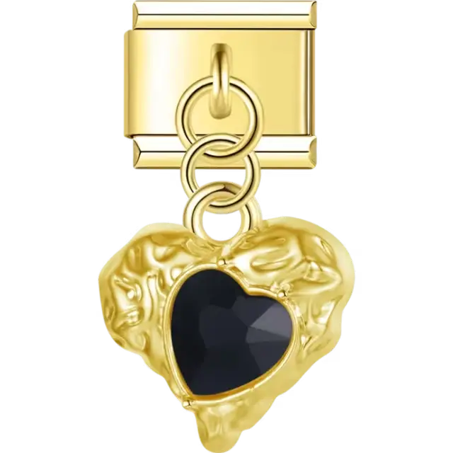 Black faceted heart-shaped gem with a textured metal background dangle Italian charm bracelet link