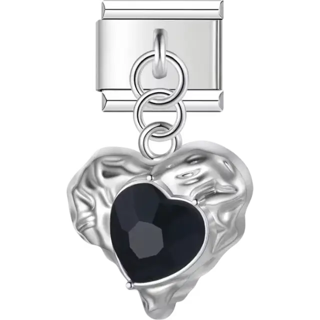Black faceted heart-shaped gem with a textured metal background dangle Italian charm bracelet link