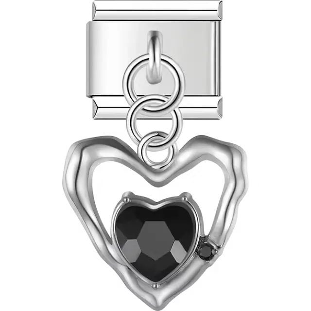 Hollow heart with faceted black stone centerpiece and dangling piece Italian charm bracelet link
