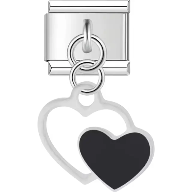 White black double heart dangle Italian charm bracelet link