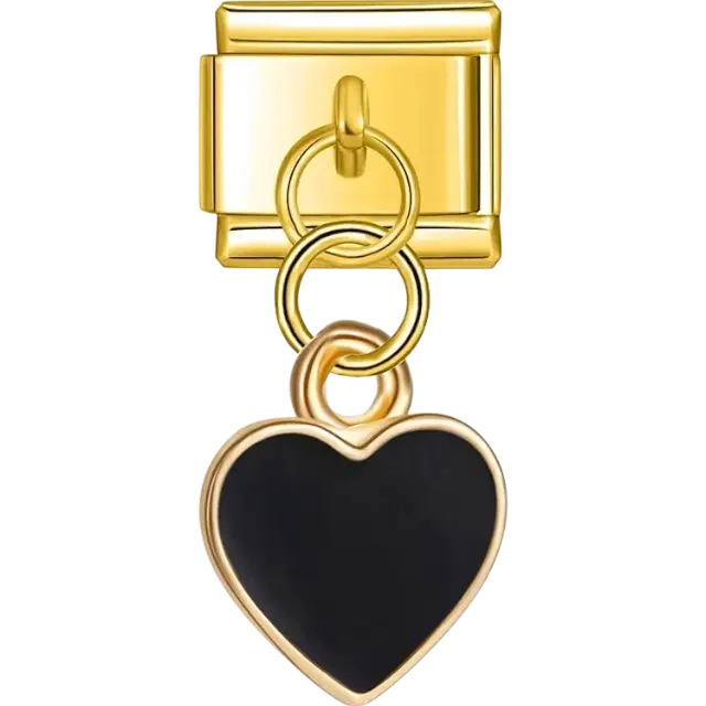 Heart-shaped dangle in black with a smooth finish Italian charm bracelet link