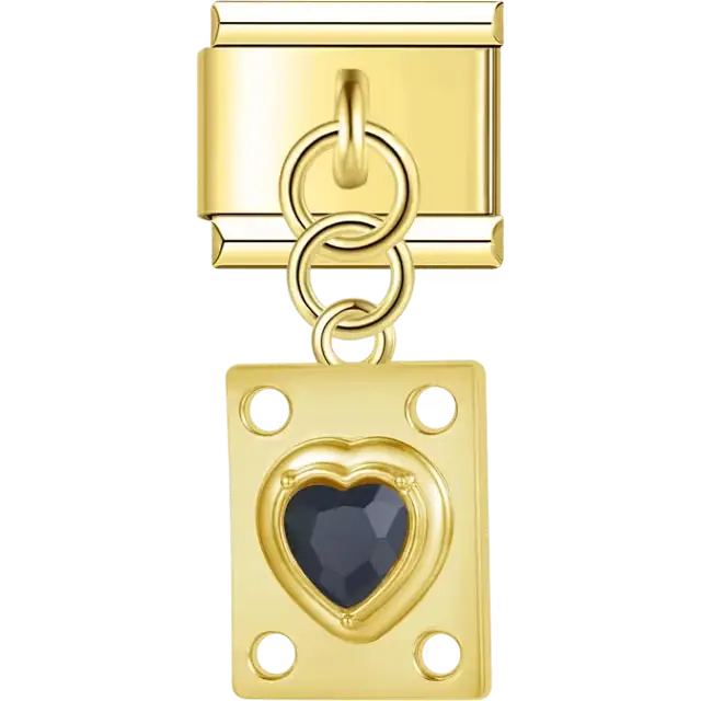 Black heart gemstone on rectangular shape with circular cutout accents Italian charm bracelet link