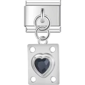 Black heart gemstone on rectangular shape with circular cutout accents Italian charm bracelet link