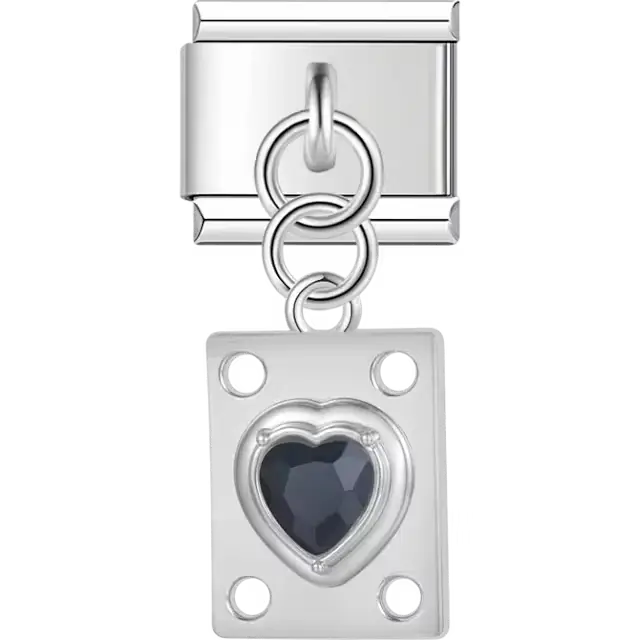 Black heart gemstone on rectangular shape with circular cutout accents Italian charm bracelet link