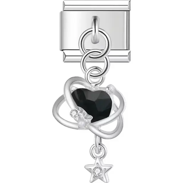 Silver frame black heart crystal star dangle Italian charm bracelet link