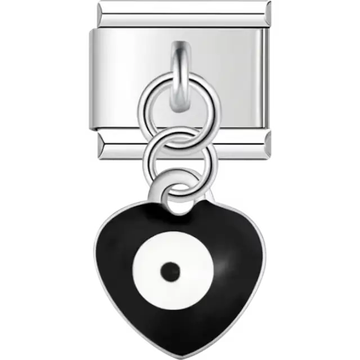 Dangle black heart evil eye with white center Italian charm bracelet link