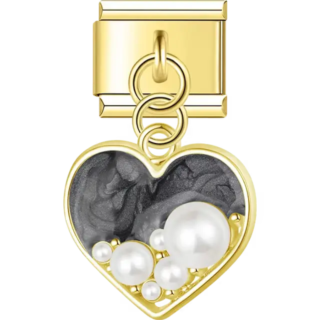 Gold outline heart with black enamel and assorted pearls dangle Italian charm bracelet link