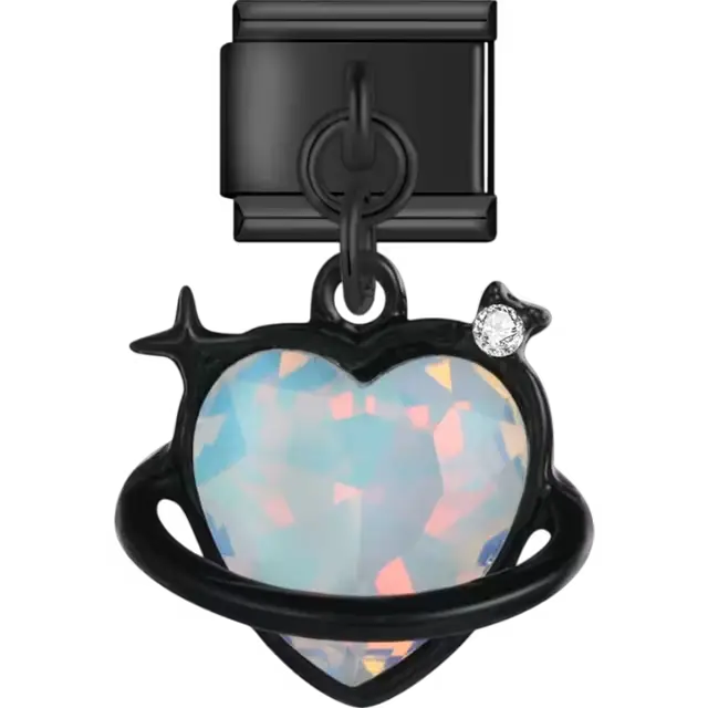 Black heart planet opal centerpiece crystal accent Italian charm bracelet link