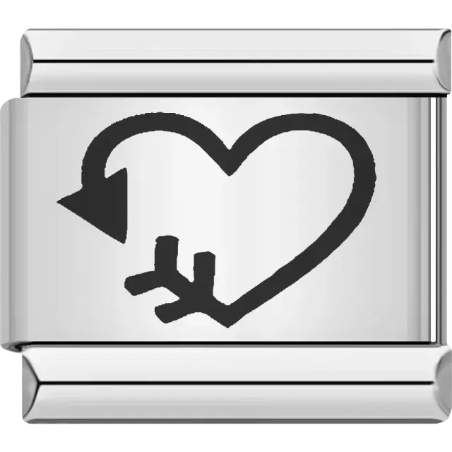 Black heart with a curved arrow ending in forked lines Italian charm bracelet link