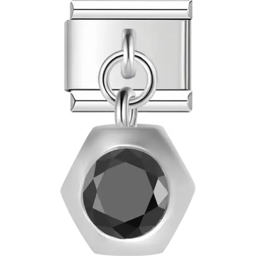 Black hexagon gemstone in a silver setting Italian charm bracelet link